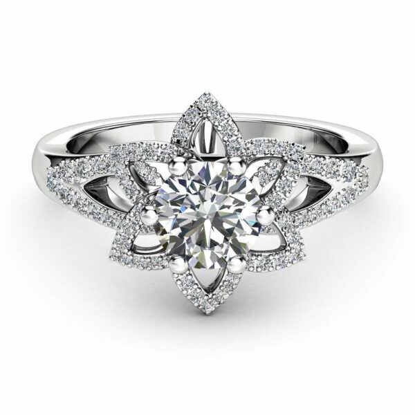Floral Moissanite Engagement Ring  14K White Gold Moissanite Ring with Diamonds Half Eternity Engagement Ring
