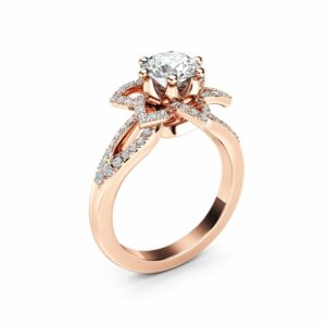14K Rose Gold Moissanite Ring with Diamonds Floral Moissanite Engagement Ring   Half Eternity Engagement Ring