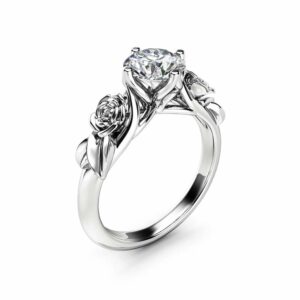 Rose and Leaf Moissanite Engagement Ring 14K White Gold Solitaire Ring Rose and Leaf Engagement Ring