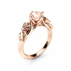 Rose and Leaf Morganite Engagement Ring 14K Rose Gold Solitaire Ring Rose and Leaf Engagement Ring