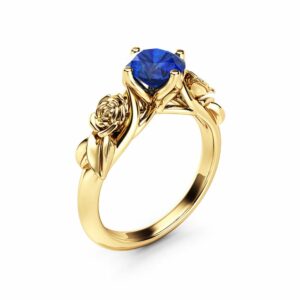 Rose and Leaf Sapphire Engagement Ring 14K Yellow Gold Solitaire Ring Rose and Leaf Engagement Ring