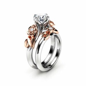 Engagement Ring Set White Gold Ring Rose Engagement Ring Moissanite Gold Ring