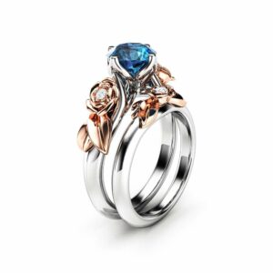 Floral Engagement Ring Unique Bridal Set Blue Topaz Engagement Ring