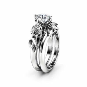 Moissanite Engagement Ring Set 14K White Gold Matching Rings Flower Roses Engagement Ring