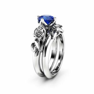 Unique 14K White Gold Blue Sapphire Ring Set / Blue Sapphire Flower Ring for Women / Floral Gemstone Engagement Ring Set / Bridal Ring Set