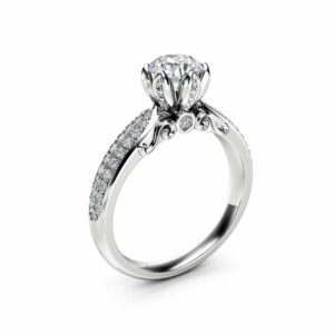 Natural Diamond Pave Engagement Ring 14K White Gold Engagement Ring Diamond Petal Ring Choose Your Diamond