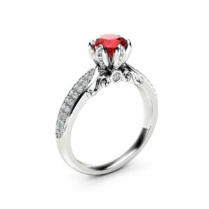 Natural Ruby Pave Engagement Ring 14K White Gold Engagement Ring Ruby Petal Ring