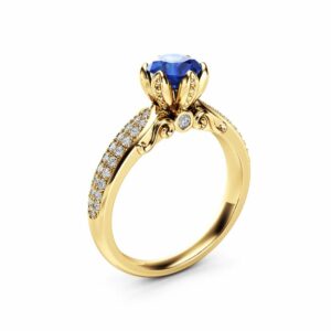 Natural Sapphire Pave Engagement Ring 14K Yellow Gold Engagement Ring  Sapphire  Petal Ring