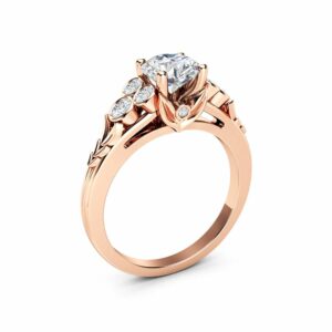 Unique Moissanite Engagement Ring 14K Rose Gold Leaves Ring Unique Side Diamonds Engagement Ring