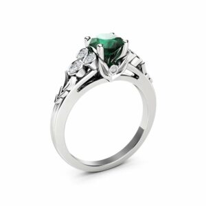Natural Emerald Engagement Ring Unique Leaves 14K White Gold Ring 1 Ct. Emerald Ring