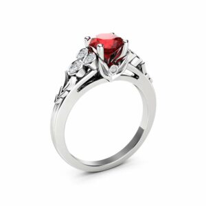 Natural Ruby Engagement Ring Unique Leaves 14K White Gold Ring 1 Ct. Ruby Engagement Ring