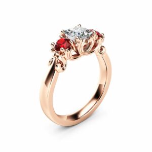 Three Stone Diamond Ruby Engagement Ring Classic Rose Gold Promise Ring Princess Diamond Engagement Ring