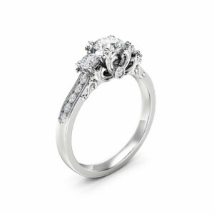 Three Stone Diamond Engagement Ring 14K White Gold Ring Art Deco Engagement Ring