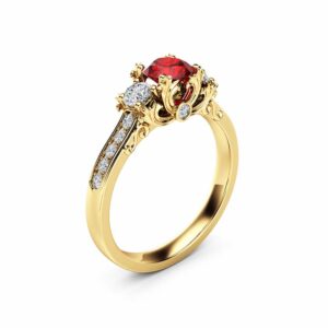 Three Stone Diamond Ruby Engagement Ring 14K Yellow Gold Ring Art Deco Engagement Ring