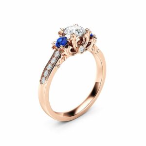 Three Stone Diamond Sapphire Engagement Ring 14K Rose Gold Ring Art Deco Engagement Ring