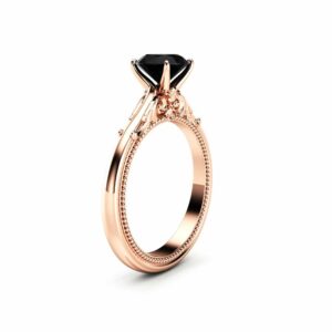 Solitaire Black Diamond Promise Ring 14K Rose Gold Engagement Ring Miligrain Art Deco Ring Anniversary Gift