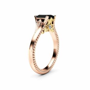 Princess Black Diamond Vintage Promise Ring 14K Two Tone Gold Engagement Ring Princess Cut Engagement Ring