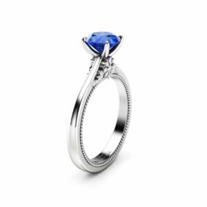 Natural Blue Sapphire Engagement Ring Round Cut Genuine Blue Sapphire Ring White Gold Milgrain Ring
