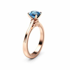Natural Blue Diamond Engagement Ring  14K Rose Gold Estate Ring Unique Blue Diamond Anniversary Gift