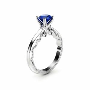 Solitaire Blue Sapphire Engagement Ring 14K White Gold Ring  Victorian Alternative Sapphire Ring