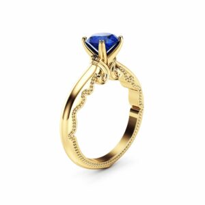 Blue Sapphire Engagement Ring 14K Yellow Gold Milgrain Ring Victorian Promise Ring Anniversary Gift