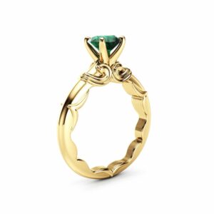 Round Emerald Promise Ring 14K Yellow Gold Victorian Solitaire Ring Natural Emerald Engagement Ring