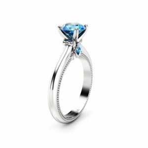 Blue Diamond Engagement Ring Unique 14K White Gold Ring Victorian Diamond Engagement Ring