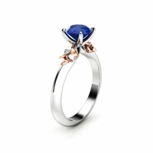 14K White Gold Natural Blue Sapphire Engagement Ring for Women / Gold Flower Ring / Gemstone Engagement Ring / Unique Floral Engagement Ring