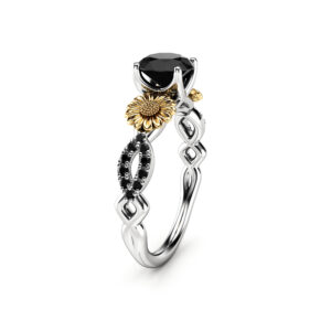 Natural Black Diamond in 14k Gold Sunflower Engagement Ring / Sunflower Ring for Women