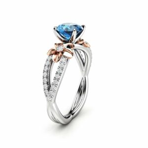 14k White Gold Blue Diamond Engagement Ring for Women / Unique Engagement Ring / Alternative Gold Flower Ring / Floral Blue Diamond Ring
