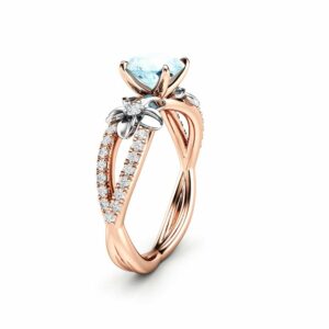 Rose Gold Aquamarine Vintage Engagement Ring for Women / Unique Flower Engagement Ring / Alternative Ring / Floral Gemstone Engagement Ring