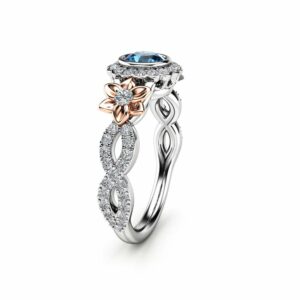 14k White Gold Blue Diamond Engagement Ring / Unique Flower Engagement Ring / Floral Halo Engagement Ring