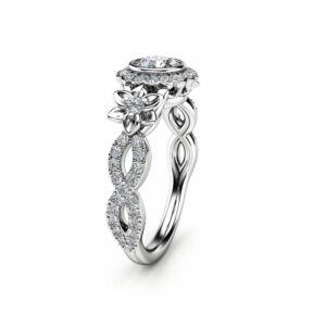 Natural Diamond Vintage Halo Engagement Ring / 14K White Gold April Birthstone Ring / Unique Flower Ring / Floral Diamond Engagement Ring