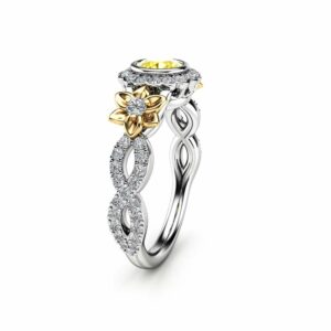 Yellow Diamond 14K Gold Vintage Halo Engagement Ring / Flower Ring / Diamond Engagement Ring / Floral Twisted Ring / Unique Engagement Ring