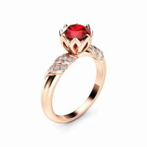 Natural Ruby Petal Engagement Ring 14K Rose Gold Ring Unique Flower Engagement Ring