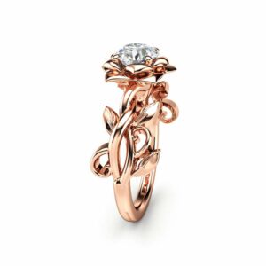 Moissanite Engagement Ring Rose Gold Ring Leaf Engagement Ring Forever One Moissanite Ring