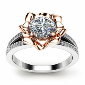 Moissanite Petal Engagement Ring 14K Two Tone Gold Flower Engagement Ring Forever One Moissanite Dia