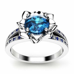 Topaz Flower Engagement Ring 14K White Gold Flower Engagement Ring Topaz Ring with Sapphires & Diamonds