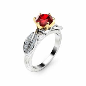 Nature Inspired Ruby Engagement Ring 14K Two Tone Gold Engagement Ring Branch and Leaf Ruby Ring