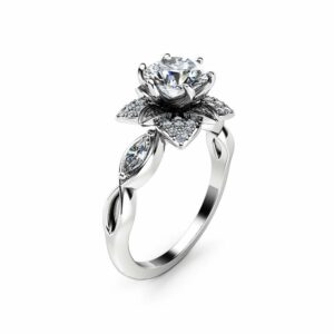 Moissanite Flower Engagement Ring 14K White Gold Flower Ring Engagement Ring with Marquise Diamonds