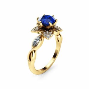 Blue Sapphire Engagement Ring 14K Yellow Gold Flower Ring with Marquise Diamonds