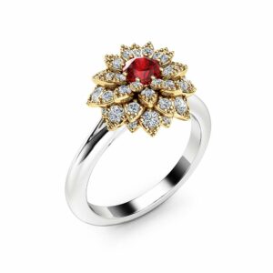 Ruby Halo Ring Ruby Engagement Ring Two Tone Gold Flower Ring Ruby Unique Engagement Ring