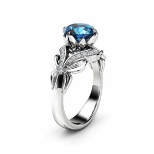 London Blue Topaz Engagement Ring 14K White Gold 2 Carat Topaz Ring Unique Leaves Engagement Ring