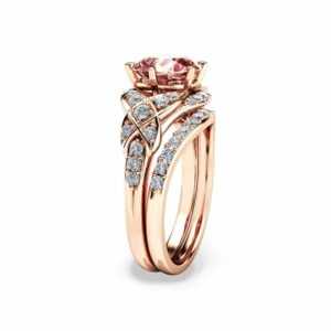 14K Rose Gold Engagement Ring Rose Gold Morganite Wedding Rings Set Peach Pink Morganite Engagement Ring Unique Vintage Engagement Rings