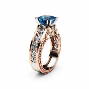 Princess Blue Diamond Engagement Ring 1.5 Carat Square Diamond Ring Unique 14K Two Tone Gold Engagement Ring