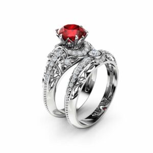 Ruby Engagement Ring Set 14K White Gold Diamonds Rings Ruby Ring and Matching Diamond Wedding Band Fine Jewelry
