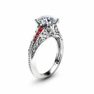 Unique Moissanite Engagement Ring Unique 14K White Gold Ring Ruby Moissanite Engagement Ring