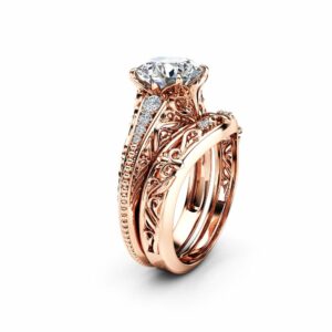 Rose Gold MIligrain Moissanite Bridal Set Unique 14K Rose Gold Engagement Ring Diamonds Matching Band