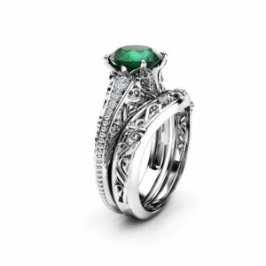 Natural Emerald Miligrain Ring Set 14K White Gold Rings Emerald Wedding Set Diamond Matching Band