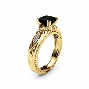 Black Diamond Victorian Engagement Ring 14K Yellow Gold Milgrain Ring Princess Black Diamond Engagement Ring